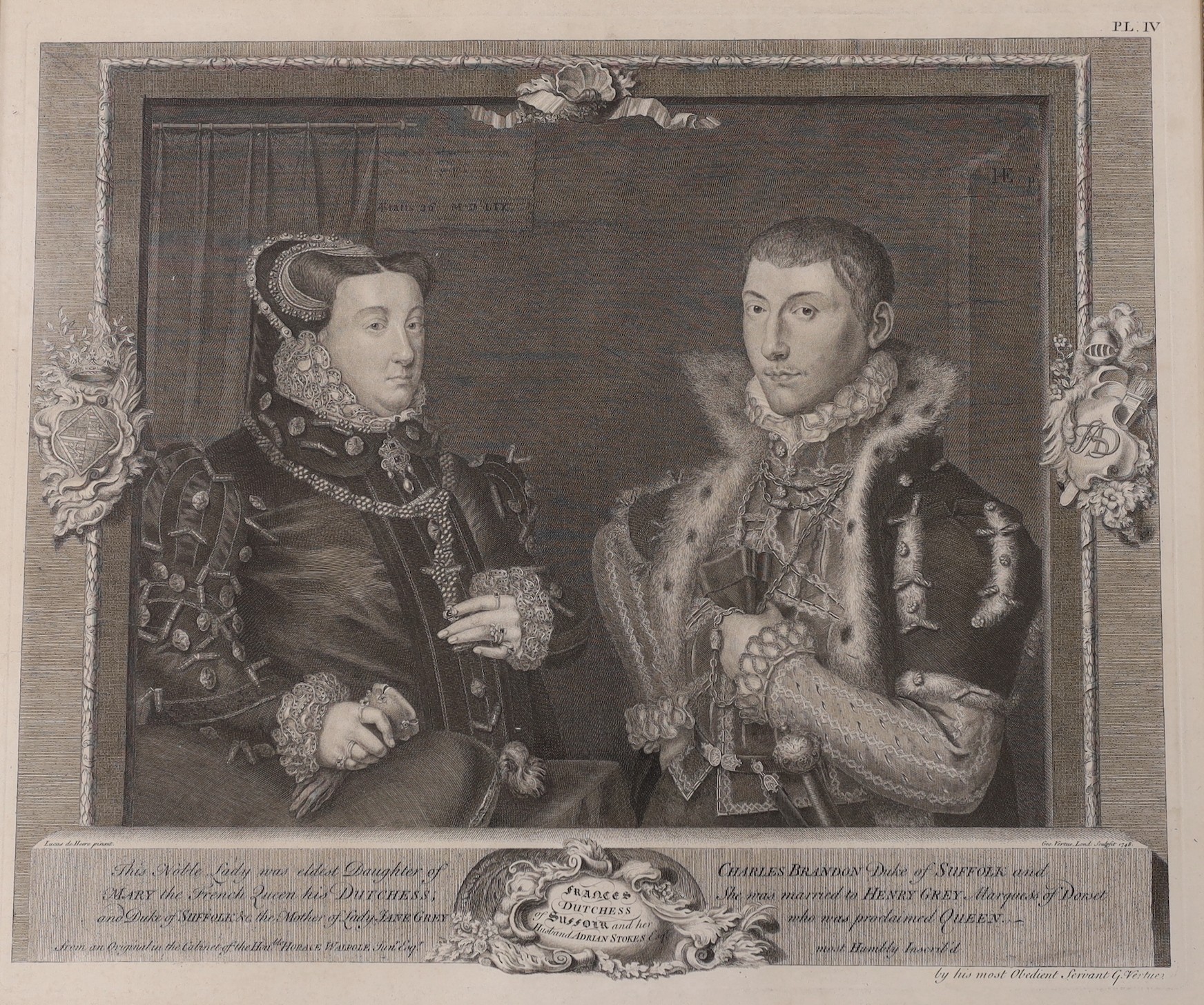 Vertue after De Heere, three engravings, ‘Mary Queen of France & Charles Brandon Duke of Suffolk’, ‘Frances Dutchess of Suffolk and her Husband Adrian Stokes Esq.’, and another, 51 x 66cm